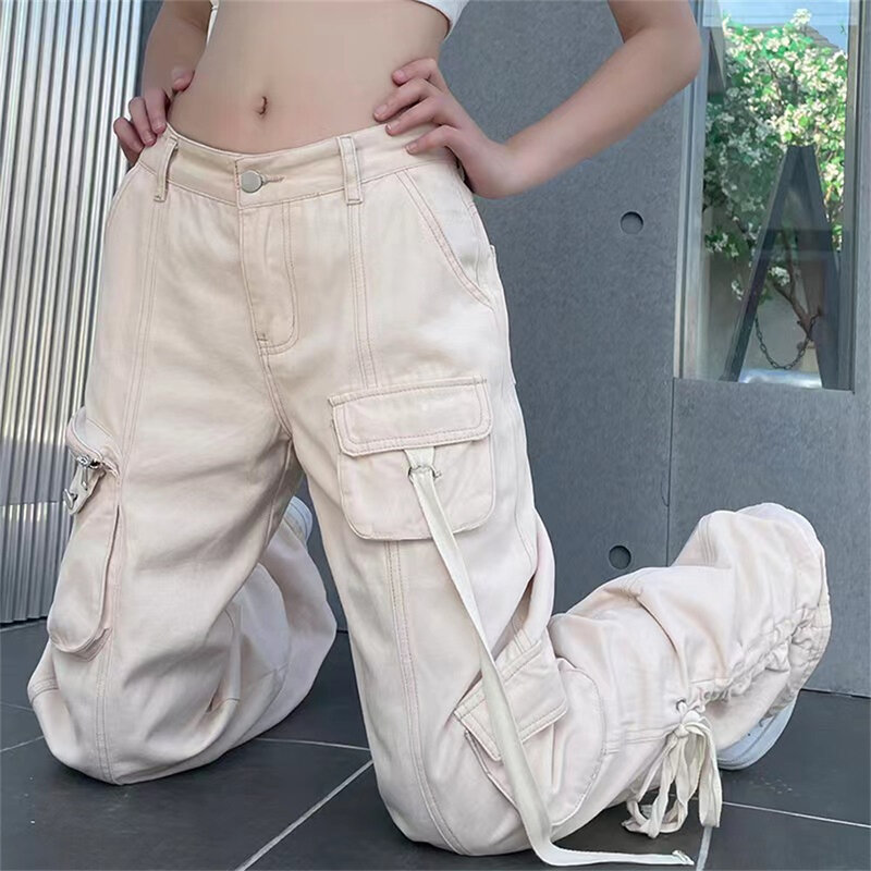 Baggy Cargo damskie długie spodnie jednokolorowe niskiej talii wiązane boczne kieszenie luźne spodnie Casual proste dna Streetwear lato