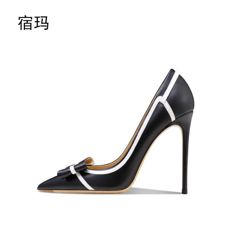 Zapatos de tacón alto con nudo de mariposa para mujer, calzado de lujo con punta puntiaguda de 6cm, piel auténtica, 2023