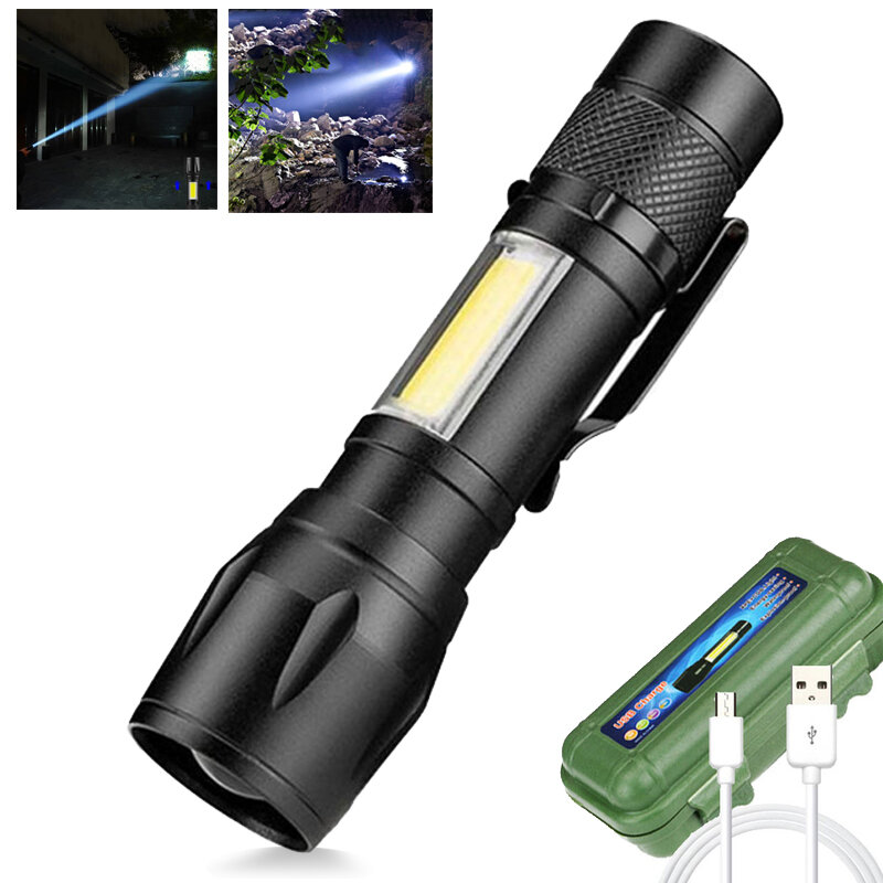 Mini lampe de poche Portable étanche, rechargeable par USB, lumière latérale COB, Zoom télescopique, mise au point, éclairage d'extérieur, 1 pièce
