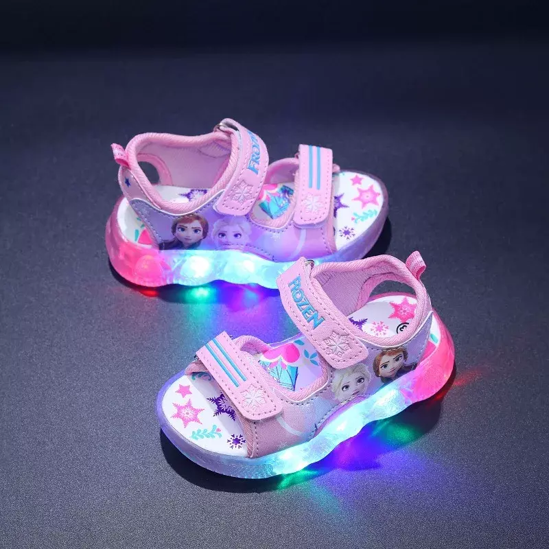 2024 Disney Boys Girls Frozen Elsa Princess Led Light Up Luminous Sports Sandals Summer Kids Sandals Non-slip Toddler Shoes
