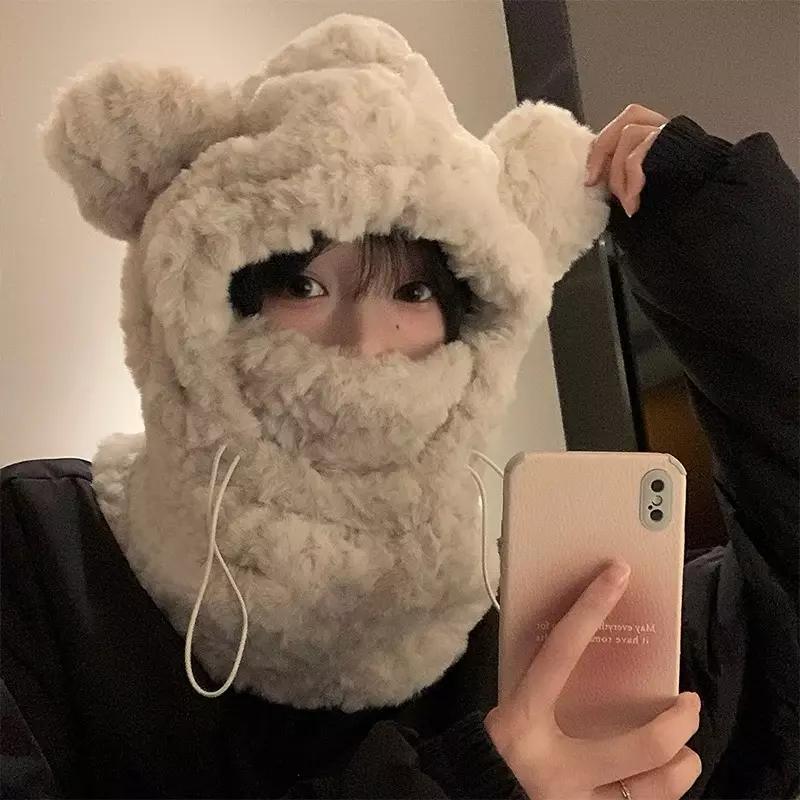 Women Winter Warm Hat Scarf Sets Plush Thickened All-in-one Kawaii Bear Ear Beanie Windproof Scarf Hooded Ear Protection Cap