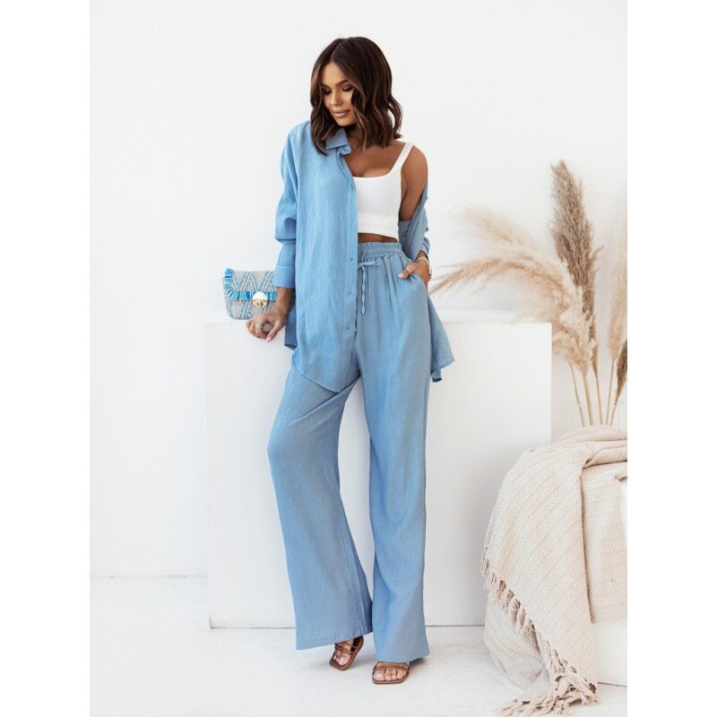 2024 Autumn/Winter INS New Loose Elastic Wrinkle Long Sleeved Shirt Wide Leg Pants Casual Suit for Women ﻿