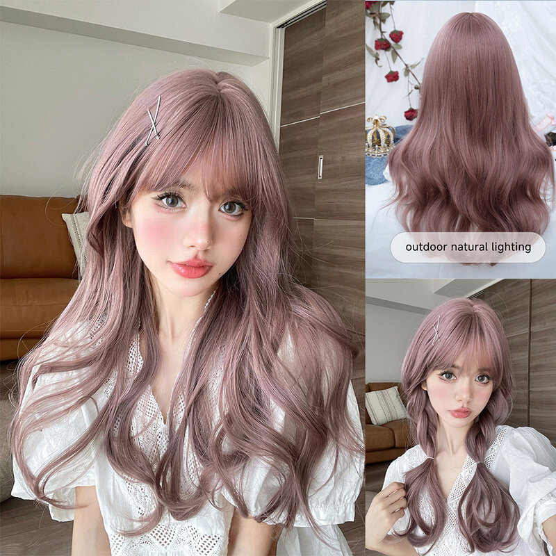 24Inch Pale Purple Color Synthetic Wigs with Bangs Long Natural Wavy Hair Wig For Women Daily Use Cosplay Party Heat Resistant