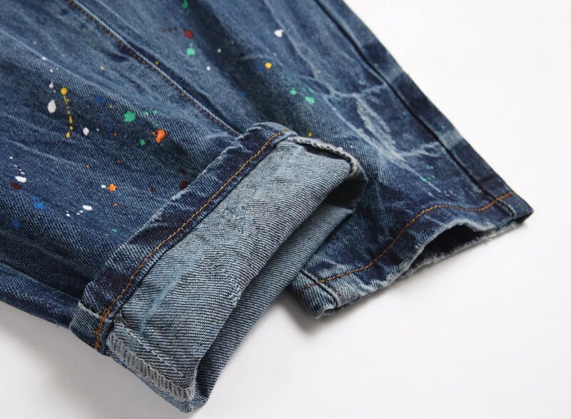 2024 nowe spodnie transgraniczne jesienne męskie podarte dżinsy z naszywkami marka modowa slim body shake farba mała stopa