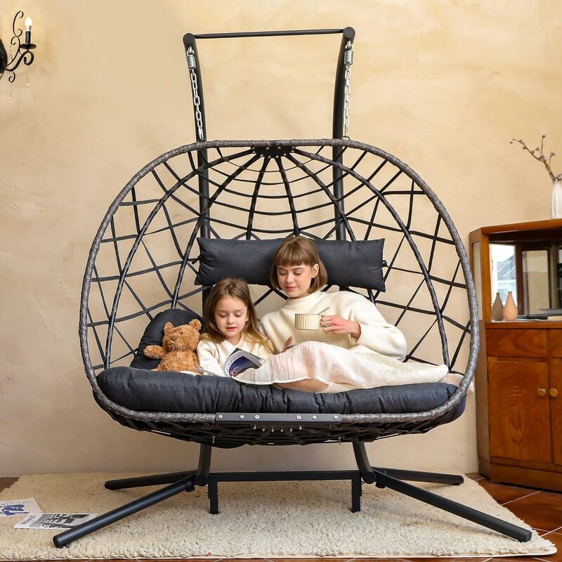 Двойное кресло-качели для яиц с подставкой, на 1/2 человек, плетеное подвесное кресло с подставкой, уличное и внутреннее кресло-гамак большого размера