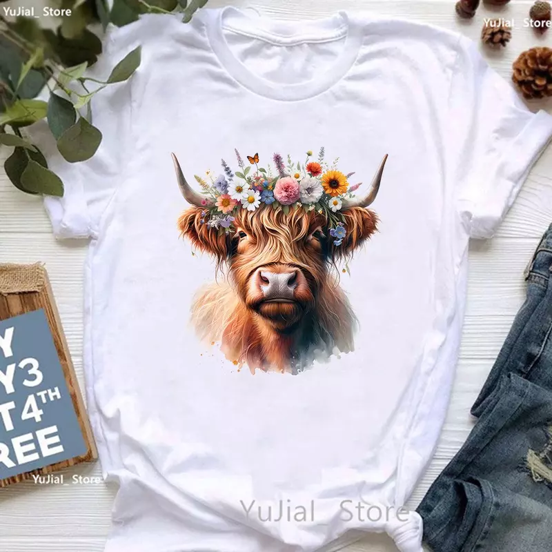 T-shirt imprimé animal pour femmes, vêtements pour femmes, mode estivale, tee-shirt Y, chemise Harajuku, belle vache Highland, couronne florale, 2024