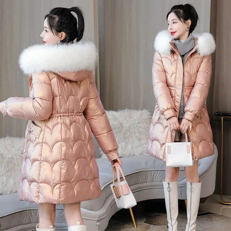 女性の冬のジャケット,大きな毛皮の襟付きの厚いロングコート,フード付きの新しいカジュアルなパーカー,2023