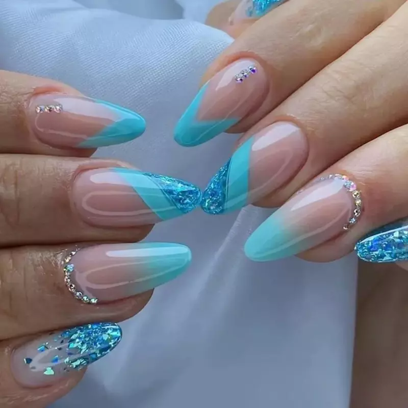 24 Stück Mandel Nagel blau Diamant Glitter Nail Art gefälschte Nägel künstliche Acryl vollständige Abdeckung falsche Nagel abnehmbare Presse auf Nägel