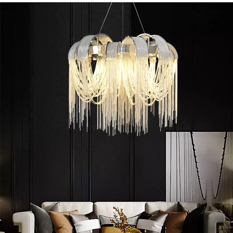 LED alumínio borla pingente luz, decoração de casa, luzes interiores, luxuosa villa, ouro, pós moderno, luxo, sala de estar