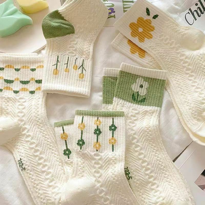 5 pairs  floral printed jacquard socks summer mesh breathable soft comfortable thin mid-tube socks for women 35-40