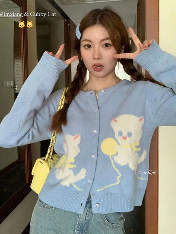 Deeptown Kawaii Cat Embroidery Cropped Cardigan Women Harajuku Sweet Cartoon Knitted Sweater Korean Casual Long Sleeve Y2K Tops