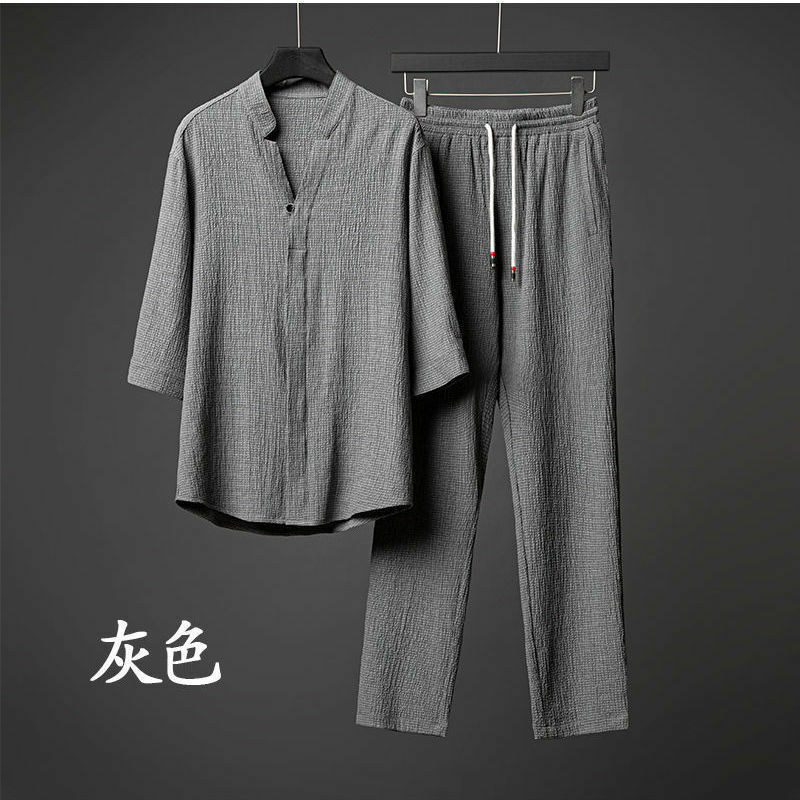 Summer Han and Tang Dynasty super five quarter sleeve ice silk linen suit men's cotton and linen two-piece large loose middle sl
