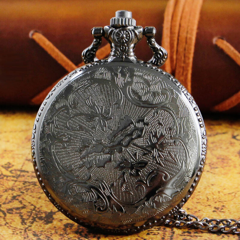 Orologi da tasca classici al quarzo nero per uomo orologio da tasca con ciondolo Steampunk Unisex collana a catena da 80cm regali di compleanno