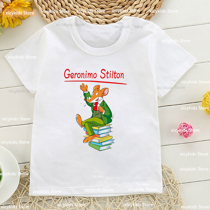 Novo meninos t-shirts engraçado geronimo stilton impressão dos desenhos animados tshirt para meninas moda harajuku bebê tshirts bonitos meninos meninas roupas