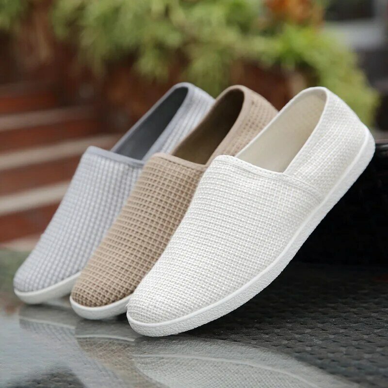 Linen Breathable Casual Flats Shoes Mens Canvas Loafers Fashion Men Canvas Shoes Slip on Fisherman Driving Footwear White Shoes