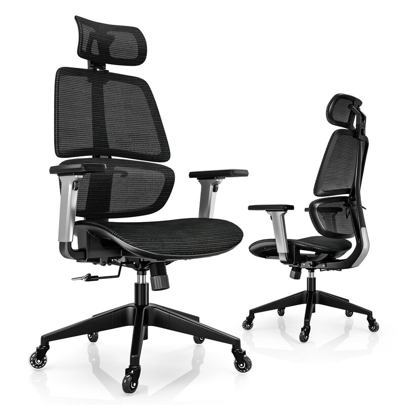 LINSY kursi kantor rumah punggung tinggi, kursi ergonomis dengan sandaran kepala dan lengan dapat disesuaikan, penopang pinggang, roda PU, HITAM