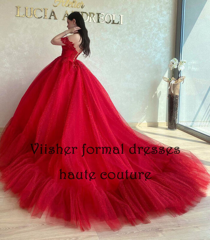 فستان Viisher-A Line من قماش التل ، فساتين Quinceanera باللون الأحمر ، فستان رسمي للحفلات الراقصة ، فساتين أميرة طويلة ، بدون أكتاف ، فاخر