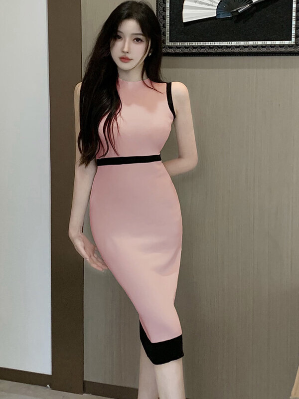 Korea Vintage Mode Kontrast Strickkleid für Frauen Sommer sexy ärmellose Stretch schlanke Bleistift kleider weibliche Vestidos