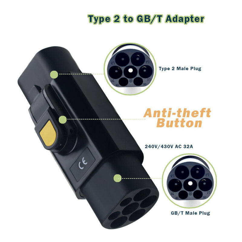 Adaptor pengisi daya EV 32A 22KW anti-maling, adaptor colokan kendaraan listrik tipe 2 ke GB/T dengan kunci