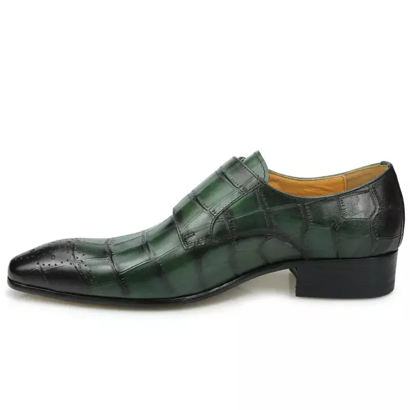 Prawdziwej skóry mężczyzna dorywczo podwójny mnich pasek krokodyl druku mody Retro szpiczasty nosek klasyczne próżniak buty biurowe dla mężczyzn zielony
