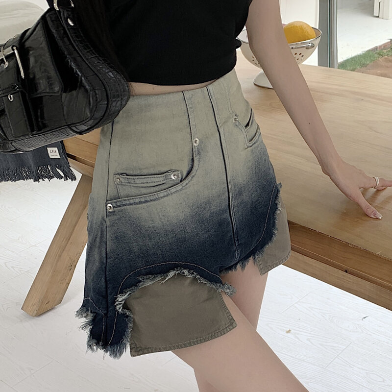 Модные градиентные джинсы Y2K, женские летние новые джинсовые шорты на молнии с оборками на подоле, изготовленные из старых эластичных широких брюк