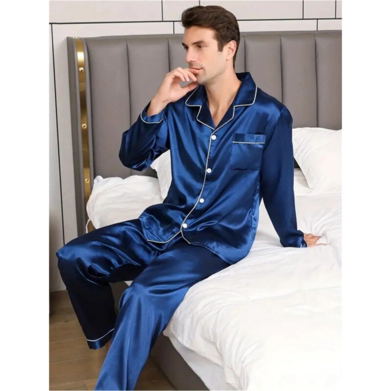 Новинка, мужской пижамный комплект, шелковая атласная одежда для сна, мужская рубашка, пижама с длинным рукавом, Мужская модная мягкая одежда для отдыха, большой размер