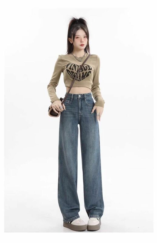 Женские цветные джинсы с широкими штанинами, новинка весны/лета 2024, Корейская версия, облегающие драпированные модные широкие брюки с высокой талией
