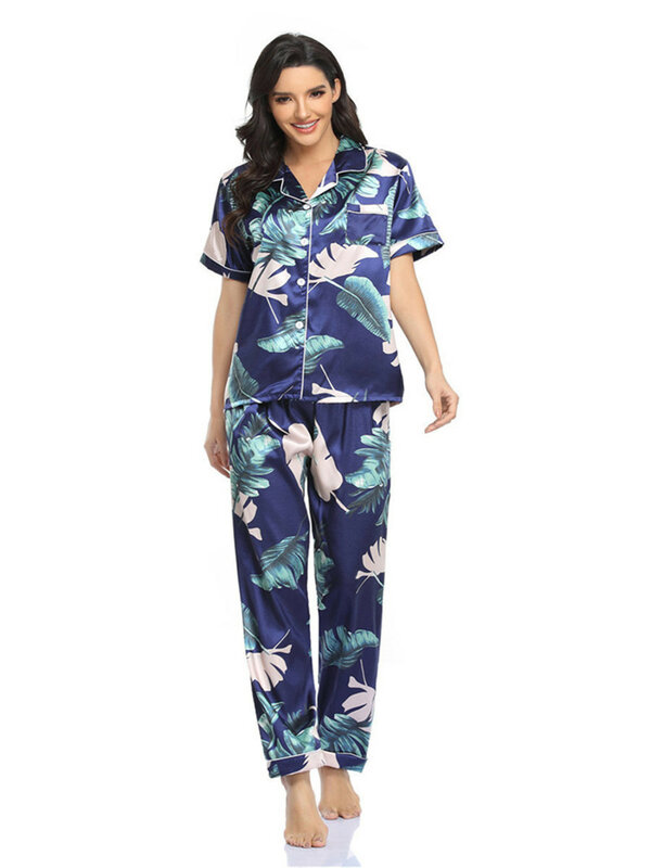 Conjunto de pijamas de manga curta feminino, pijamas de seda falsa, roupa caseira 2 peças, botões estampados, primavera, verão