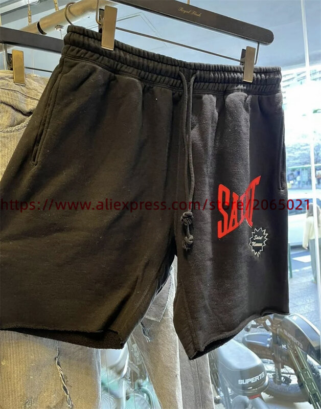 Calções de damasco preto Saint masculino e feminino, jogger casual, calções soltas com cordão com etiquetas, melhor qualidade
