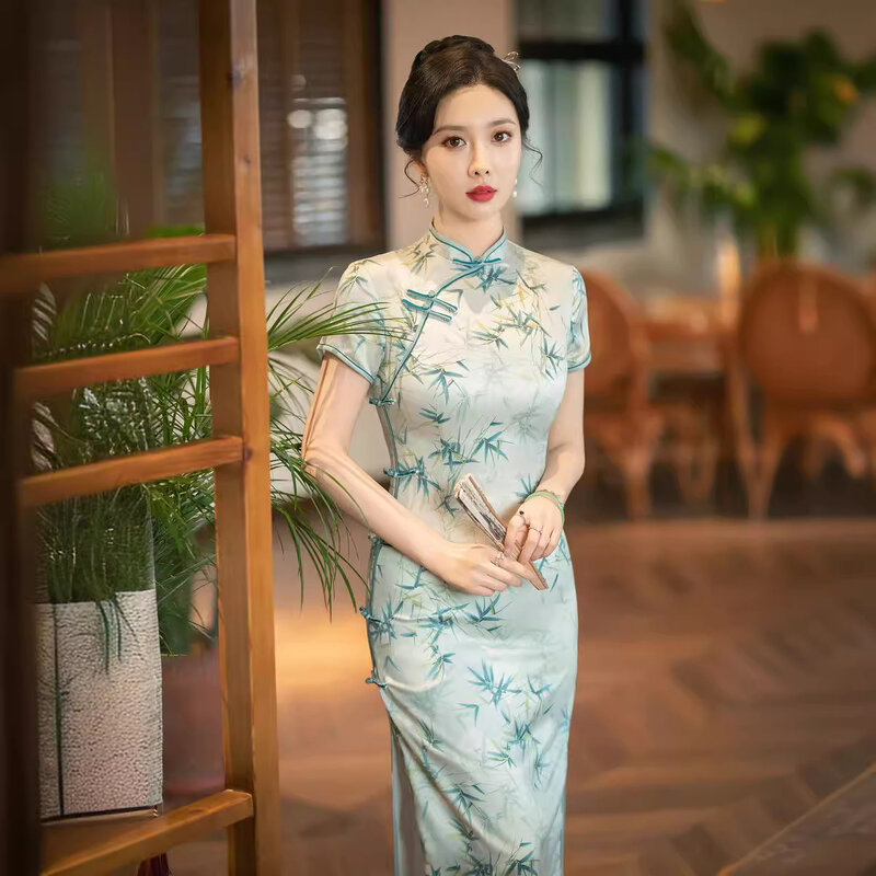 2024 Spring New Silk Improved Double layered Short sleeved Qipao Slim Young Fashionable Elegant Qipao