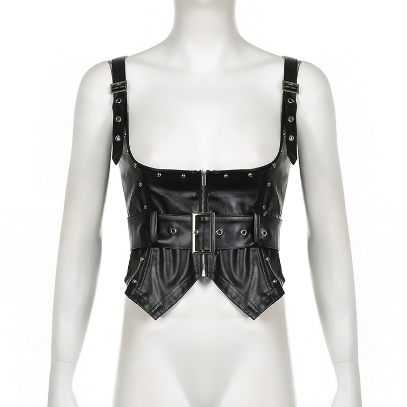 Punk Gothic Cummerbund Women Black PU Leather Zipper Eyelet Buckle Belt Bustier Fashion Streetwear Waist Corset Accessories