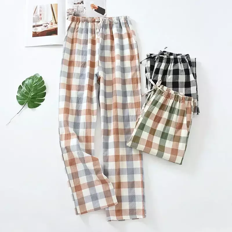 Thin Home Four Casual For Pants Sleepwear Long Woven Cotton Seasons Pockets Trousers Pijamas Side Women With