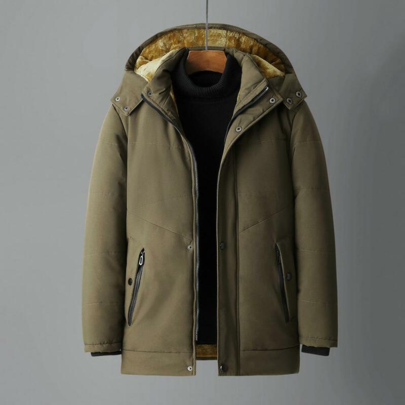 남성용 겨울 코튼 코트, 두꺼운 후드 분리형 모자, 방풍, 중간 길이, 부드러운 포켓, 지퍼, 머리 보호, 겨울 재킷