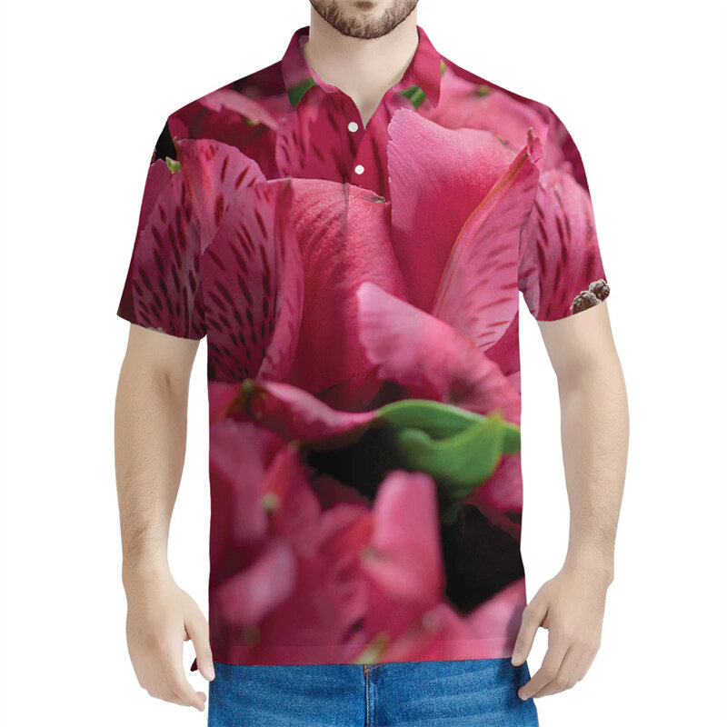 Camisa polo estampada em flores 3D masculina e feminina, camiseta de lapela floral, camisa de botão solto, manga curta casual, verão