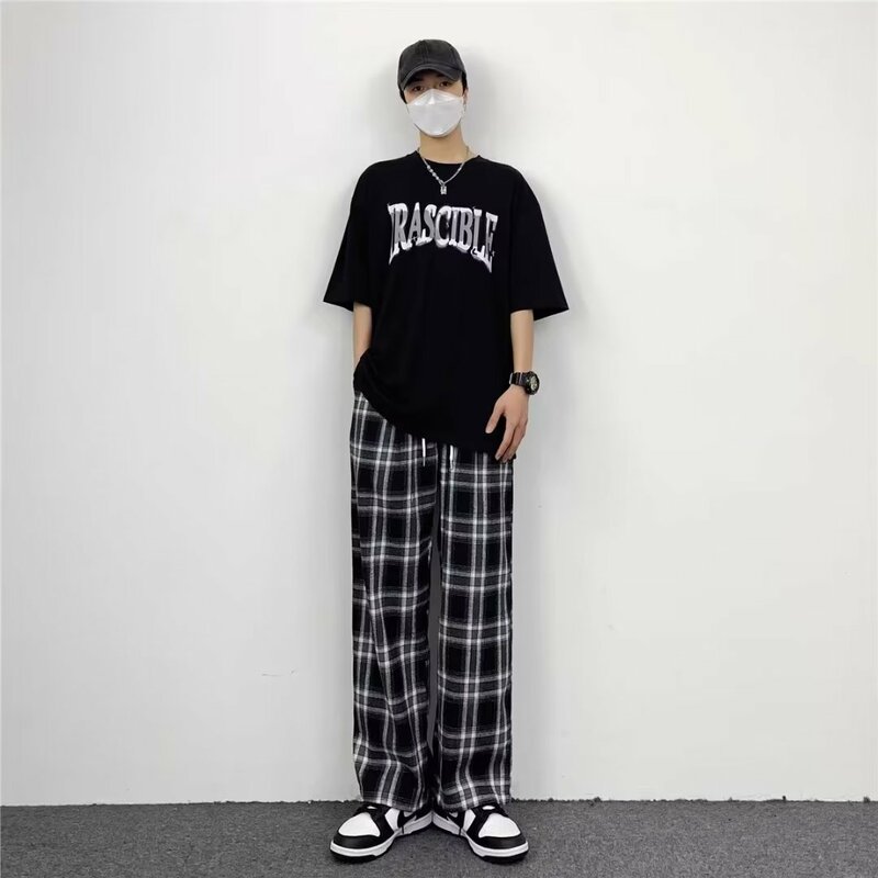 Koreańskie letnie spodnie w kratę męskie 5XL proste spodnie na co dzień dla mężczyzn/kobiet Harajuku spodnie hip-hopowe moda Streetwear spodnie dresowe