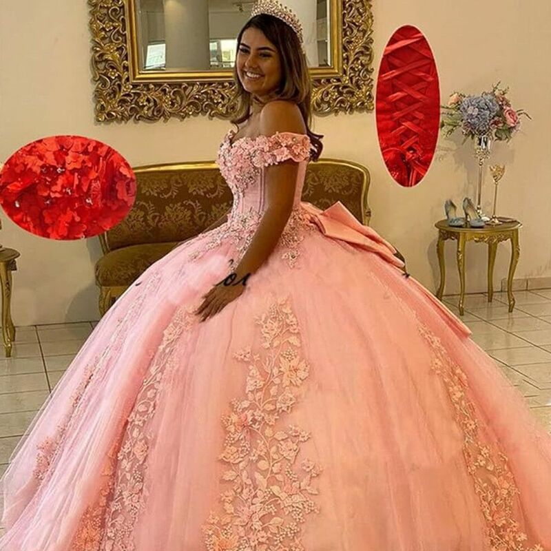 Lorencia Pink Quinceanera abiti Ball Gown For Sweet Girls Lace Flowers Vestidos De XV asenos Bead Birthday Sweet 16 Dress YQD325