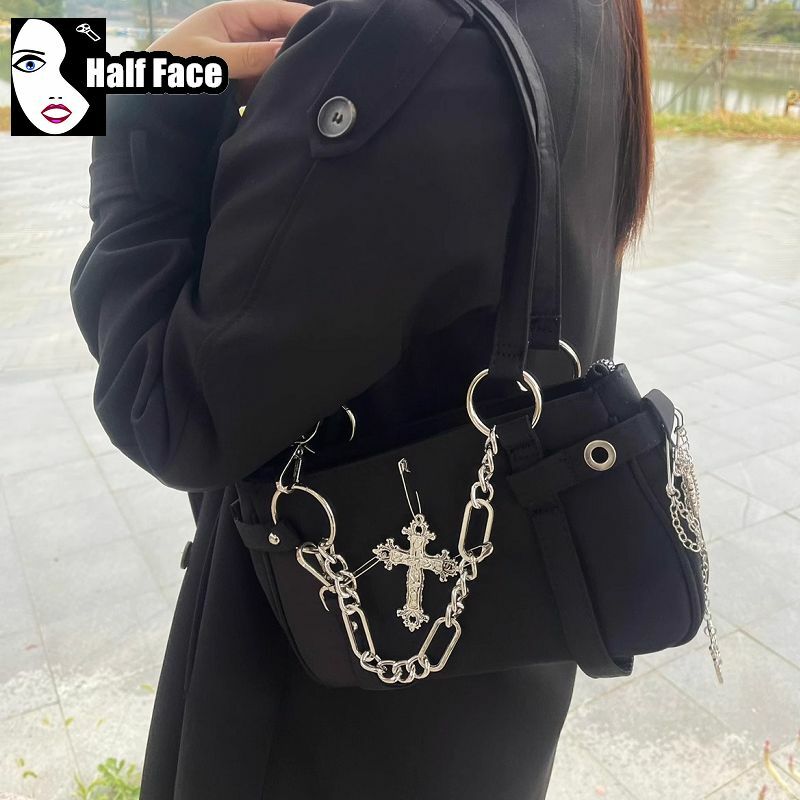 Y2K Girls Harajuku Women’s Gothic Handbags High Street Punk Streetwear  One Shoulder Motorcycle Retro Chain Crossbody Bags Tote