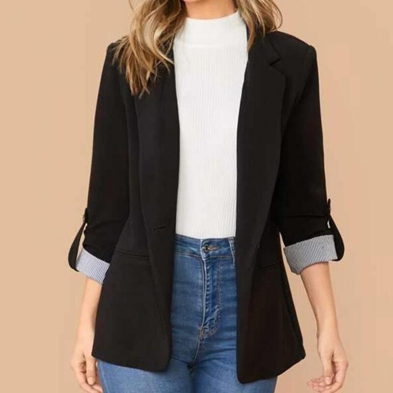 女性のためのエレガントなラペルスーツジャケット、シングルボタンクロージャーポケット付きコート、3/4スリーブ、単色、アウターウェア用