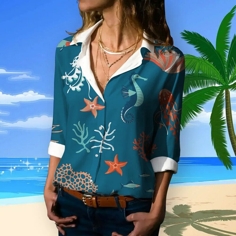 Camisa casual de botões de manga comprida feminina, tops havaianos, blusa solta, animais fofos, roupas femininas, moda, nova, verão, primavera