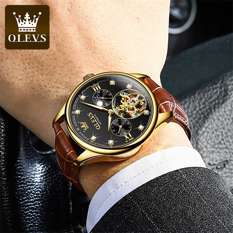 OLEVS Brand New Fashion Tourbillon Mechanical Watch for Men Leather Strap Waterproof Luxury Diamond Moon Phase Mens Watches