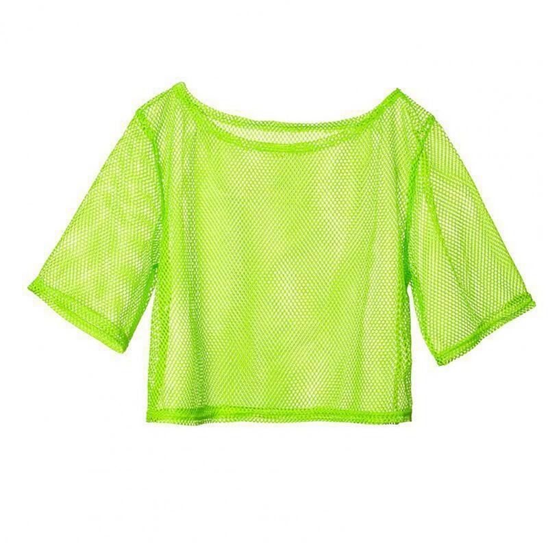 Women Mesh Outfit 80s Mesh Shirt Vest Set Women's Bright Color Mesh Top Vest Set with Short Sleeve O-neck Cropped Tops for Sexy