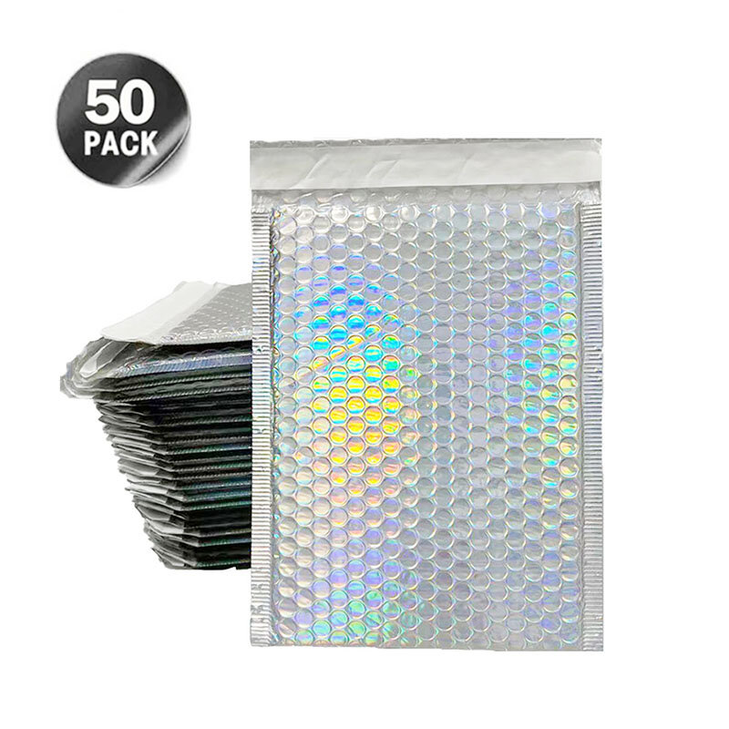 50 Mailers holográficos, nuevo Material Pe + perla, película láser plateada, resistente al agua, bolsa de mensajería rellena de burbujas, bolsa de embalaje para envío