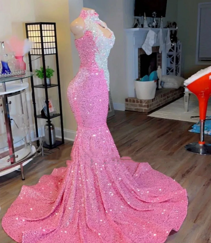 Luxury Long Prom Dress 2024 Sexy Mermaid Sparkly Pink Sequin Black Girls Crystals Evening Formal Gala Party Gowns Robe De Soiree