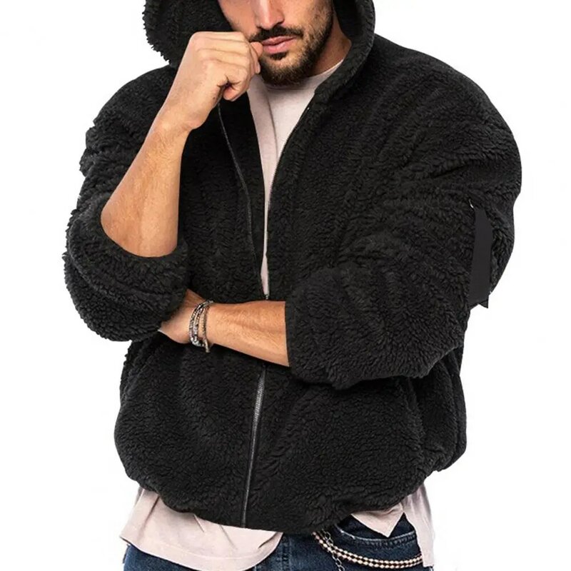 Jaqueta de capuz dupla face masculina, monocromática, casaco de pelúcia, quente, manga longa, bolsos, inverno