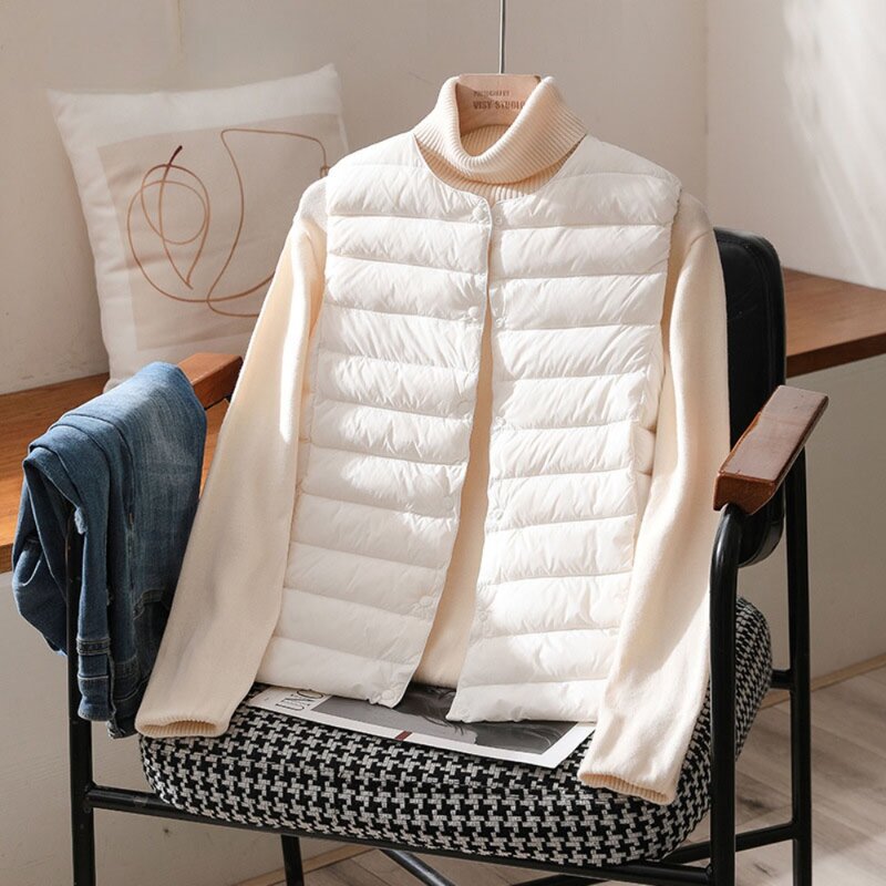 Colete fino ultraleve feminino, casaco branco para baixo de pato, colete quente, jaqueta portátil sem mangas, feminino, outono, inverno, 2023