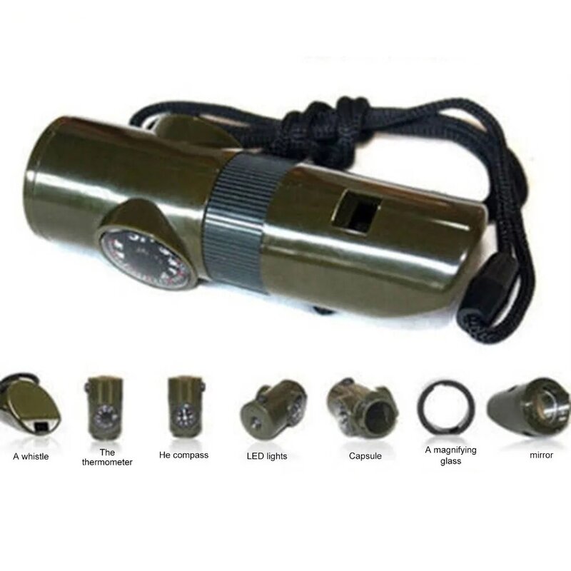 Jungle Survival Whistle, Caminhadas Espelho Lanterna, Luz LED, Armazenamento Termômetro, Ferramenta Bússola, Lupa, 7 em 1