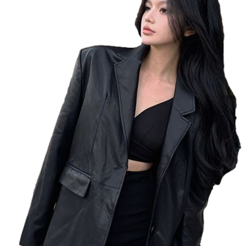 Женская кожаная куртка на одной пуговице, однотонная куртка с длинным рукавом и отложным воротником, в Корейском стиле, осень 2023