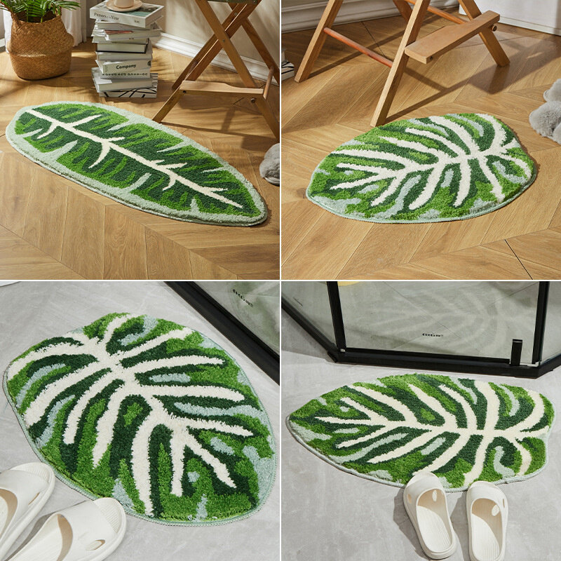 Irregular Plant Cluster Rug Plantain Leaf Tufted Rug Soft Plush Absorbent Bathroom Living Room Floor Mat Green Fluffy Carpet