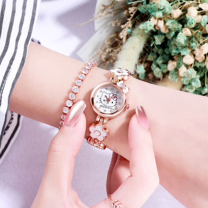 Nowy zegarek Sanrio Hello Kitty Kawaii Kt Cat Zegarki Flip Kreatywność Diamentowe zegarki na rękę Kobiety Bransoletka Biżuteria Dziewczyny Prezenty Zabawki