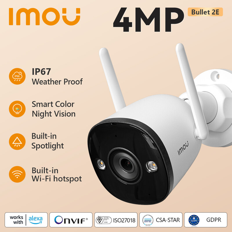 Imou 4MP 2E กระสุนกล้องส่องกลางคืนสีเต็มรูปแบบ, กล้องไอพีกล้องรักษาความปลอดภัยในบ้านกลางแจ้ง Wi-Fi กันน้ำใช้ใน2MP
